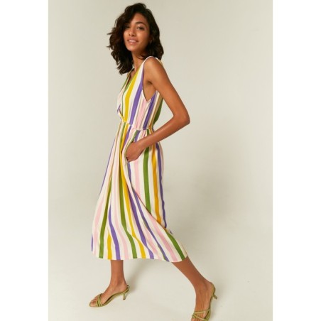 VESTIDO MIDI  CON ESCOTE CRUZADO Y ESTAMPADO A RAYAS MULTICOLOR