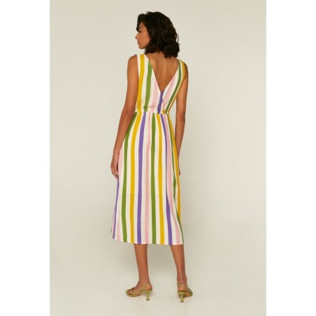 VESTIDO MIDI  CON ESCOTE CRUZADO Y ESTAMPADO A RAYAS MULTICOLOR