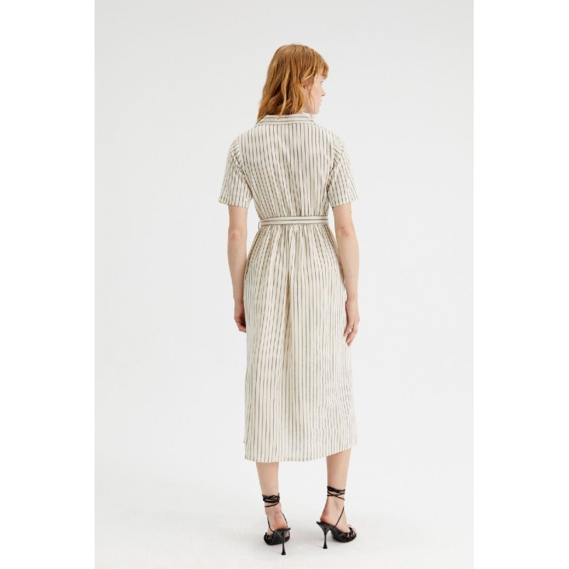VESTIDO MIDI CAMISERO CON CINTURÓN Y ESTAMPADO RAYAS.