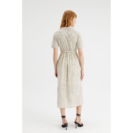 VESTIDO MIDI CAMISERO CON CINTURÓN Y ESTAMPADO RAYAS.