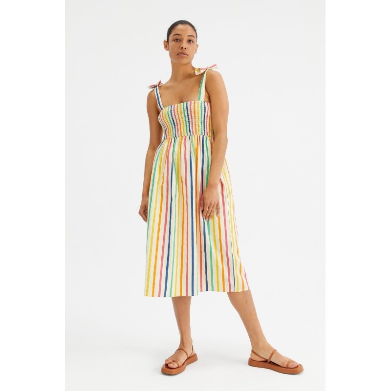 VESTIDO MIDI DE TIRANTES CON LAZO Y ESTAMPADO DE RAYAS.