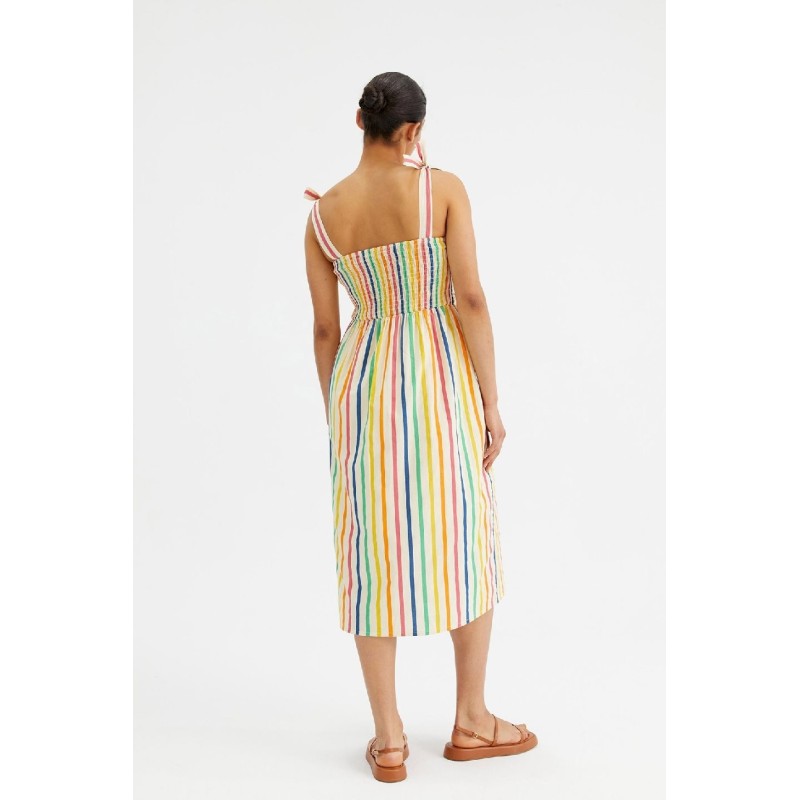 VESTIDO MIDI DE TIRANTES CON LAZO Y ESTAMPADO DE RAYAS.