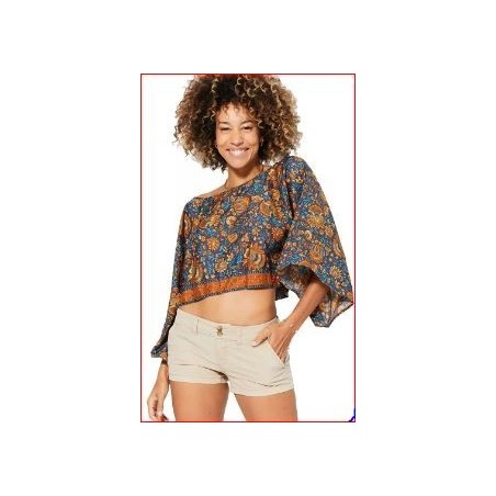 TOP ESTAMPADO,TONOS AZUL Y MARRÓN,PARTE SUPERIOR SUELTA.