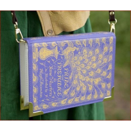 ORGULLO Y PREJUICIO,BOLSO LIBRO,BANDOLERA,MONEDERO,MORADO.