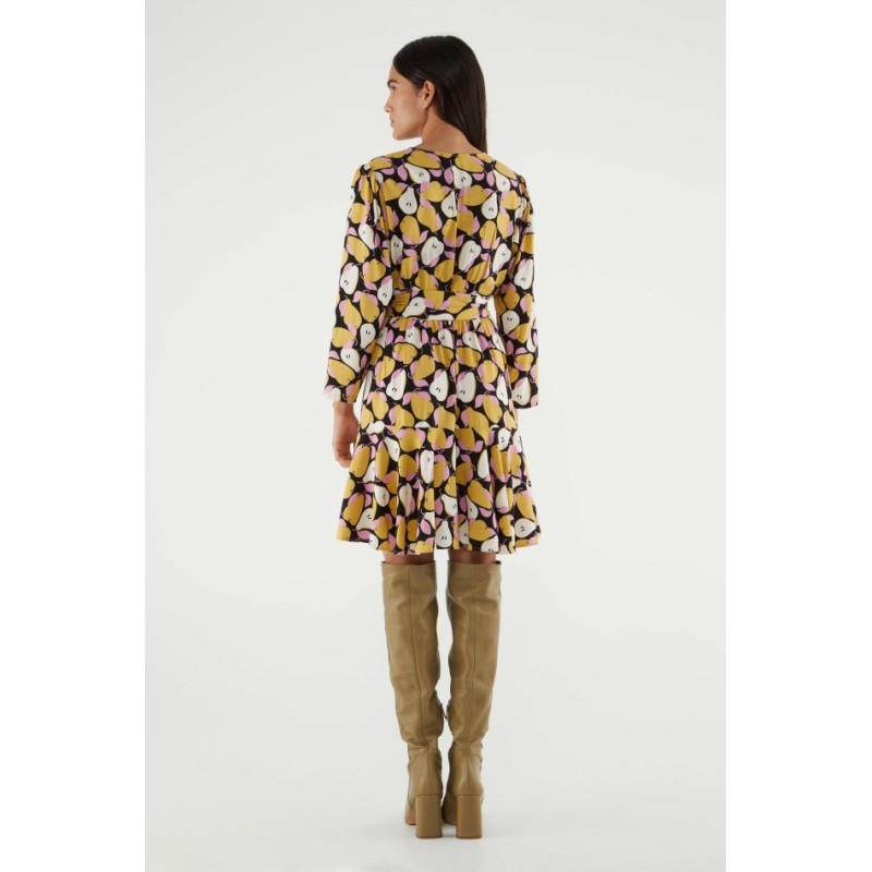 VESTIDO CORTO CRUZADO CON ESTAMPADO DE PERAS.