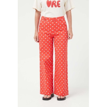 PANTALÓN VAQUERO RECTOS LUNARES ROJO.