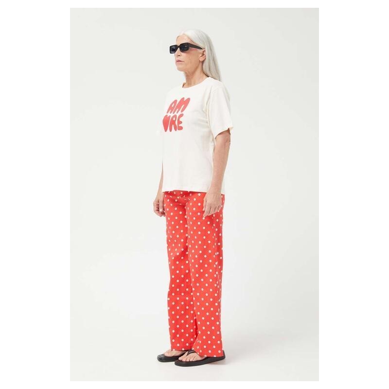 PANTALÓN VAQUERO RECTOS LUNARES ROJO.