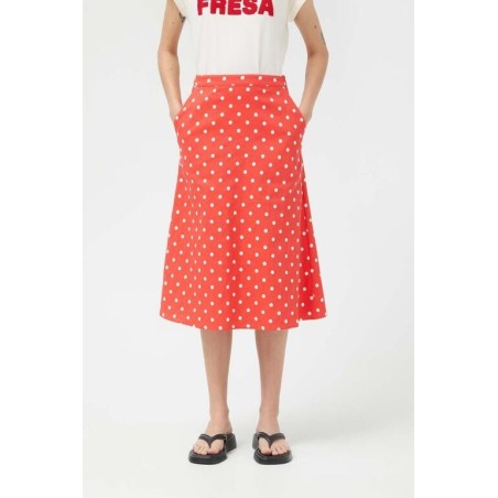 FALDA MIDI VAQUERA LUNARES ROJA.