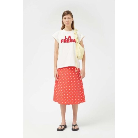 FALDA MIDI VAQUERA LUNARES ROJA.