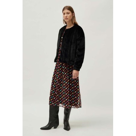 Vestido largo estampado de lunares multicolor. Vestido largo estampado de lunares multicolor.