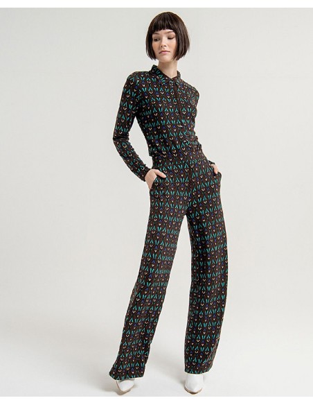 PANTALÓN LARGO ANCHO ELÁSTICO Y ESTAMPADO,MARRÓN.