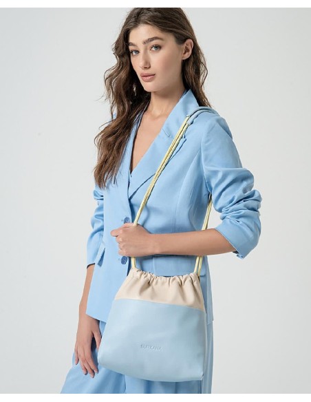 BOLSO FRUNCIDO BICOLOR CON ASA MULTIPOSICIÓN.