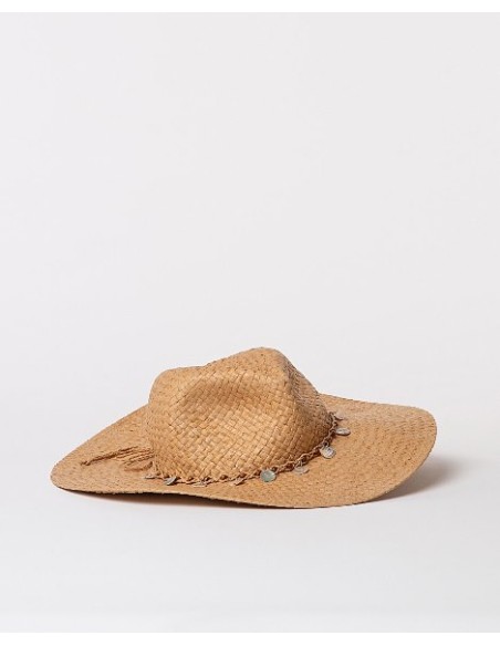 SOMBRERO EFECTO RAFIA CON DETALLE DE MONEDAS.