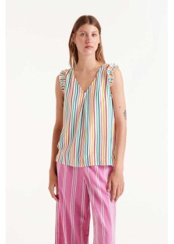 TOP CON ESTAMPADO DE RAYAS COLORES Y CON TIRANTES CON VOLANTE.