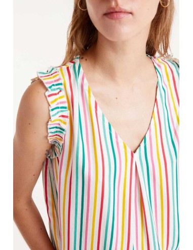 TOP CON ESTAMPADO DE RAYAS COLORES Y CON TIRANTES CON VOLANTE.