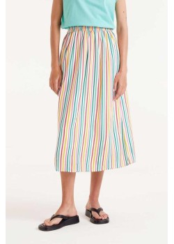 FALDA MIDI CON ESTAMPADO DE RAYAS DE COLORES Y CINTURA ELÁSTICA.