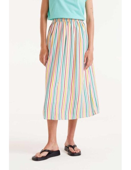 FALDA MIDI CON ESTAMPADO DE RAYAS DE COLORES Y CINTURA ELÁSTICA.