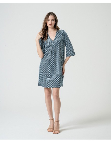 VESTIDO ESCOTE PICO CON MANGA ACAMPANADA.