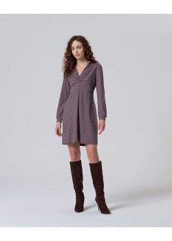 VESTIDO CORTO ELÁSTICO CON ESCOTE FRUNCIDO,ESTAMPADO GRÁFICO.