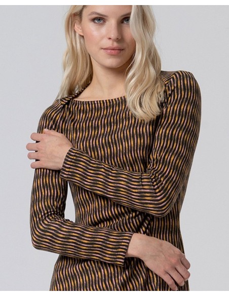 VESTIDO MIDI ESTAMPADO CON CUELLO ESTILO BARCO.