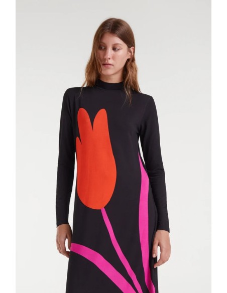 VESTIDO LARGO CON ESTAMPADO BIG TULIP,CUELLO ALTO.