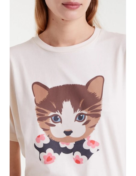 CAMISETA 100% ALGODÓN, CON ESTAMPADO DE GATITO.