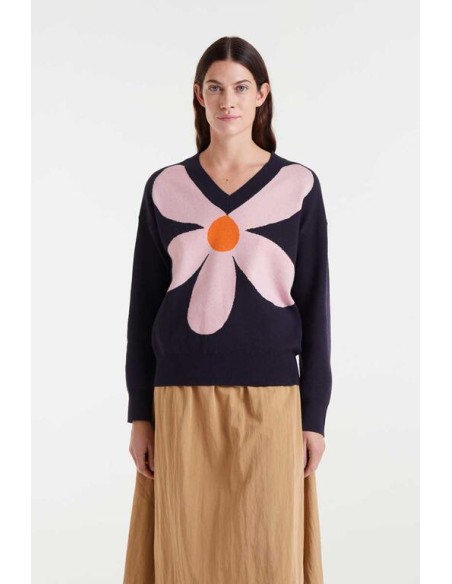 JERSEY DE PUNTO JACQUARD CO ESTAMPADO BIG NAVY BLUE FLOWER.