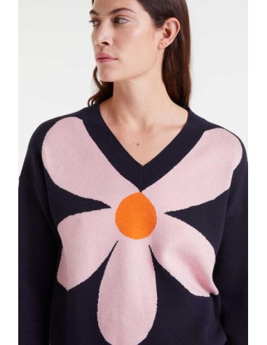 JERSEY DE PUNTO JACQUARD CO ESTAMPADO BIG NAVY BLUE FLOWER.