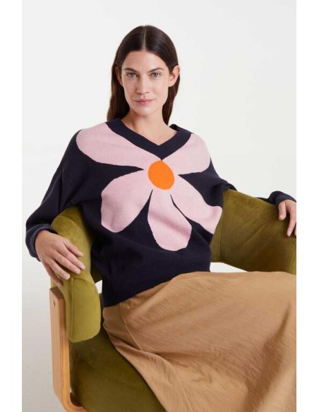 JERSEY DE PUNTO JACQUARD CO ESTAMPADO BIG NAVY BLUE FLOWER.