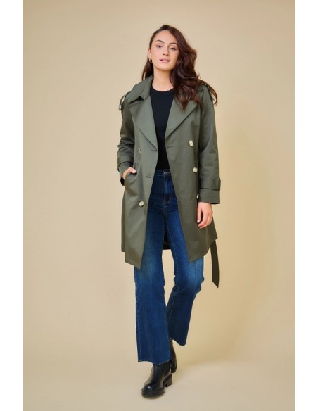 SCOTT - Trench Gabardina clásica de longitud media con cinturón de color kaki.