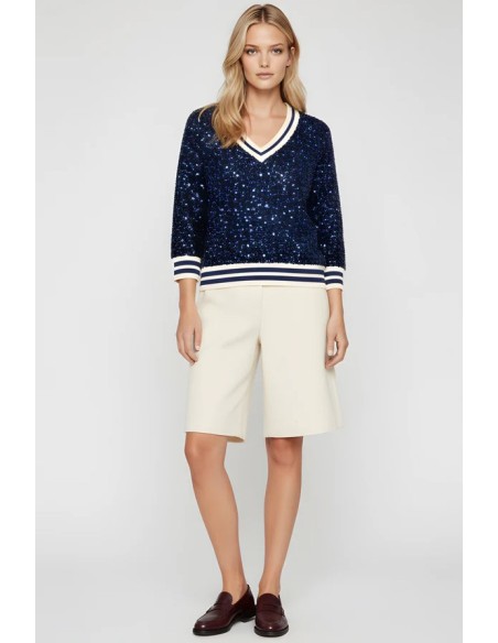 JERSEY  LENTEJUELAS CON ELÁSTICOS,CUELLO DE PICO.