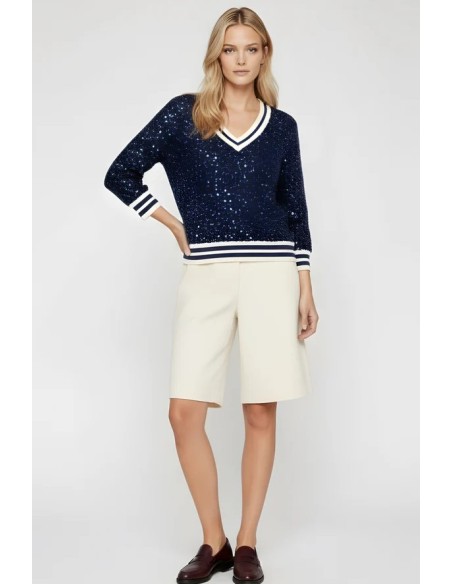 JERSEY  LENTEJUELAS CON ELÁSTICOS,CUELLO DE PICO.