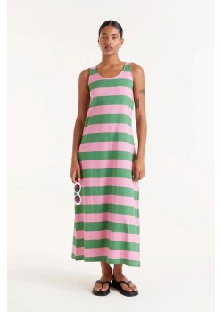 VESTIDO LARGO RAYAS VERDES.