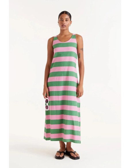 VESTIDO LARGO RAYAS VERDES.
