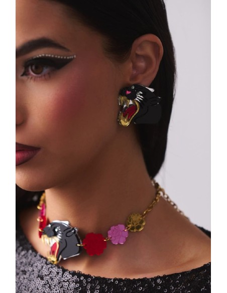 E0774 PENDIENTES CARA DE PANTERA DE TERCIOPELO NEGRO.