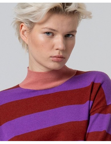 JERSEY DE PUNTO DE RAYAS MORADO DE CUELLO ALTO.