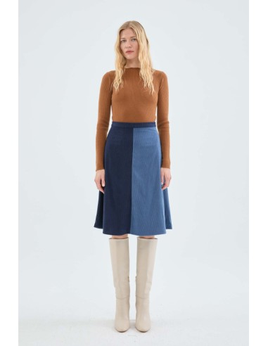 FALDA MIDI DE PANA DE TIRO ALTO BICOLOR AZUL.