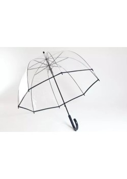 Paraguas transparente grande con borde negro.