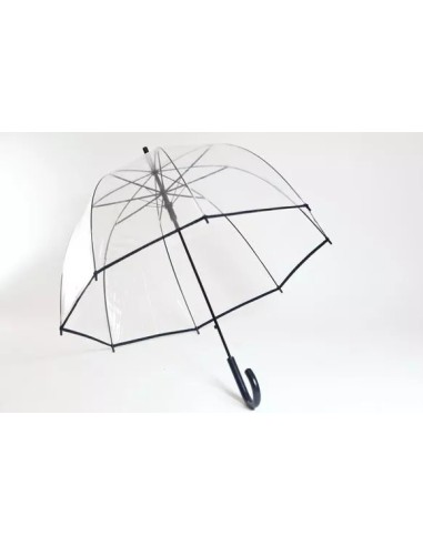 Paraguas transparente grande con borde negro.