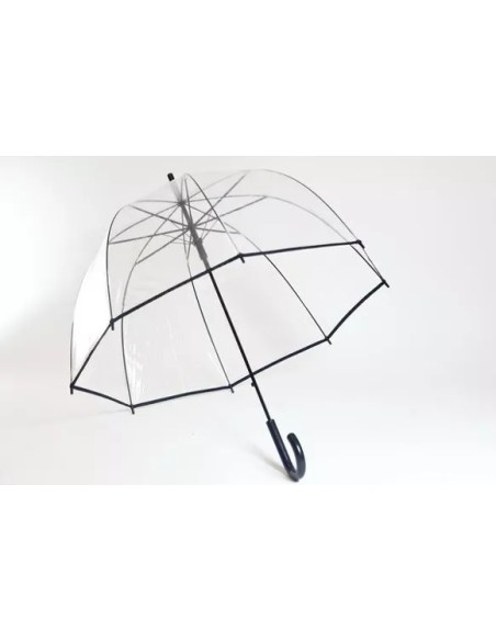 Paraguas transparente grande con borde negro.