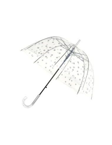 PARAGUAS LARGO TRANSPARENTE CON LUNARES PLATEADOS.