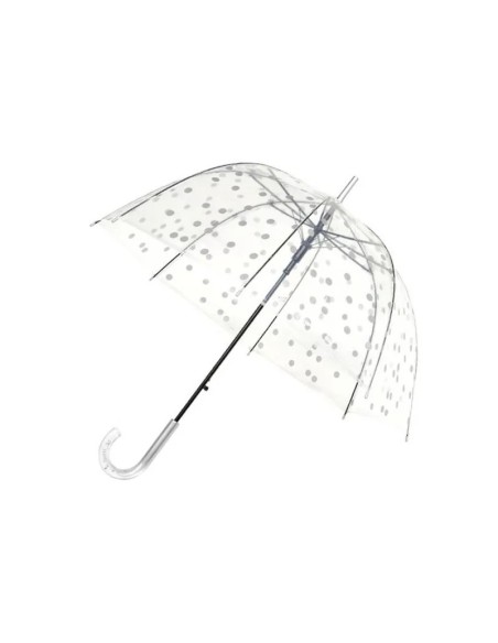 PARAGUAS LARGO TRANSPARENTE CON LUNARES PLATEADOS.