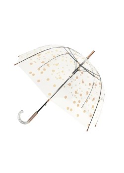 PARAGUAS LARGO TRANSPARENTE CON LUNARES DE COBRE.