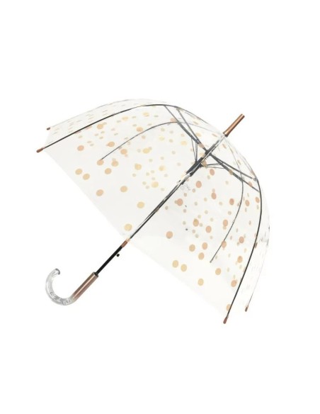 PARAGUAS LARGO TRANSPARENTE CON LUNARES DE COBRE.