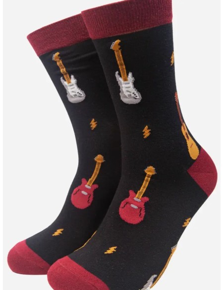 CALCETINES NEGROS CON ESTAMPADO DE GUITARRA MIXTA DE BAMBÚ PARA HOMBRE.