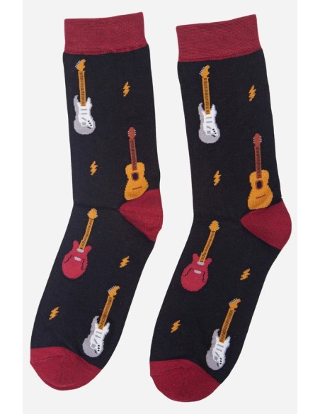 CALCETINES NEGROS CON ESTAMPADO DE GUITARRA MIXTA DE BAMBÚ PARA HOMBRE.