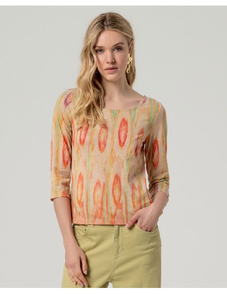 CAMISETA ESCOTE BARCO ESTAMPADA CON MANGA 3/4.