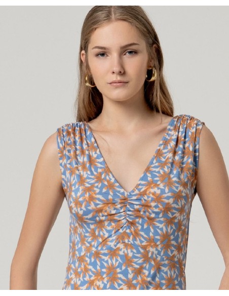 Vestido sin mangas con hombros fruncidos Azul Empolvado