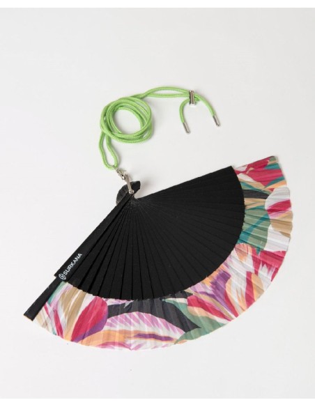 Abanico estampado con cordón para colgar Negro