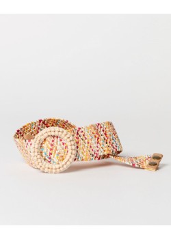 Cinturón de rafia elástica con hebilla redonda .